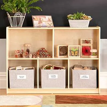 Guidecraft EdQ 5 Compartment Storage 30'' Natural with 3 Fabric Bins: Wooden Kids Bookcase, Two Shelf Organizer for Books, Toys, Games, Arts, Crafts, School Supplies; Home and Classroom