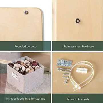 Guidecraft EdQ 5 Compartment Storage 30'' Natural with 3 Fabric Bins: Wooden Kids Bookcase, Two Shelf Organizer for Books, Toys, Games, Arts, Crafts, School Supplies; Home and Classroom