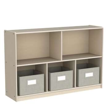 Guidecraft EdQ 5 Compartment Storage 30'' Natural with 3 Fabric Bins: Wooden Kids Bookcase, Two Shelf Organizer for Books, Toys, Games, Arts, Crafts, School Supplies; Home and Classroom