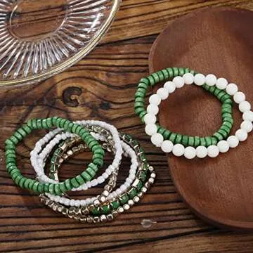 LUREME Bohemian Beads Cube Multi Strand Stretch Stackable Bangle Bracelet Set (bl003172) (Green)