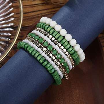 LUREME Bohemian Beads Cube Multi Strand Stretch Stackable Bangle Bracelet Set (bl003172) (Green)