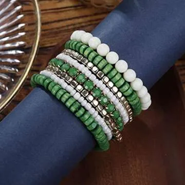 LUREME Bohemian Beads Cube Multi Strand Stretch Stackable Bangle Bracelet Set (bl003172) (Green)