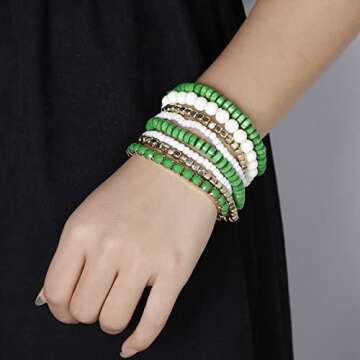 LUREME Bohemian Beads Cube Multi Strand Stretch Stackable Bangle Bracelet Set (bl003172) (Green)