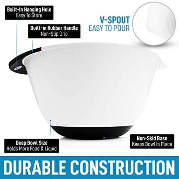 Zulay Kitchen 3-Piece Mixing Bowl Set - Plastic Mixing Bowls With Handles & Non Slip Bottom - Nesting Mixing Bowls With Pour Spout For Baking, Serving, Cooking, Meal Prep & More (White)