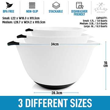 Zulay Kitchen 3-Piece Mixing Bowl Set - Plastic Mixing Bowls With Handles & Non Slip Bottom - Nesting Mixing Bowls With Pour Spout For Baking, Serving, Cooking, Meal Prep & More (White)