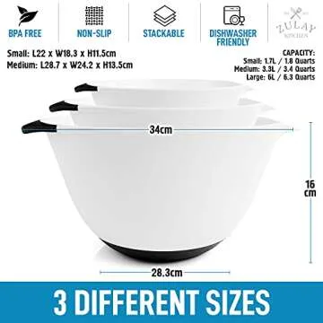 Zulay Kitchen 3-Piece Mixing Bowl Set - Plastic Mixing Bowls With Handles & Non Slip Bottom - Nesting Mixing Bowls With Pour Spout For Baking, Serving, Cooking, Meal Prep & More (White)