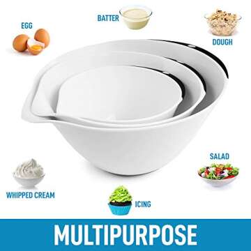 Zulay Kitchen 3-Piece Mixing Bowl Set - Plastic Mixing Bowls With Handles & Non Slip Bottom - Nesting Mixing Bowls With Pour Spout For Baking, Serving, Cooking, Meal Prep & More (White)