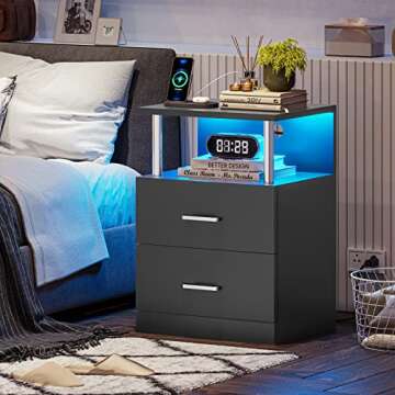 VIAGDO Black Nightstand Set of 2 with Charging Station and USB Ports, LED Night Stand with 2 Drawers...
