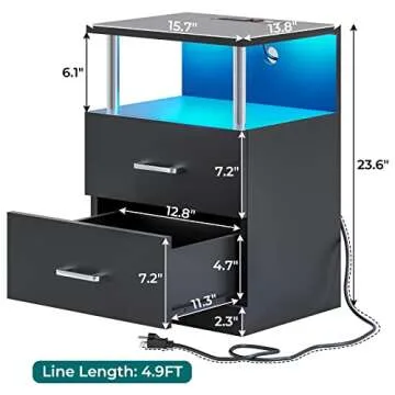 VIAGDO Black Nightstand Set of 2 with Charging Station and USB Ports, LED Night Stand with 2 Drawers, Modern End Side Tables with Open Storage, Bedside Tables for Bedroom, Office