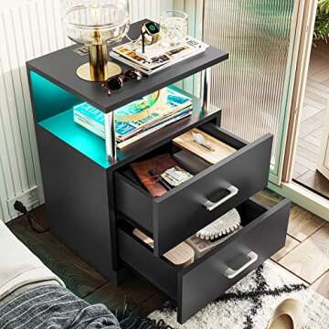 VIAGDO Black Nightstand Set of 2 with Charging Station and USB Ports, LED Night Stand with 2 Drawers, Modern End Side Tables with Open Storage, Bedside Tables for Bedroom, Office