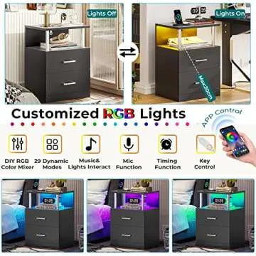 VIAGDO Black Nightstand Set of 2 with Charging Station and USB Ports, LED Night Stand with 2 Drawers, Modern End Side Tables with Open Storage, Bedside Tables for Bedroom, Office