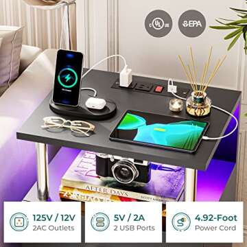 VIAGDO Black Nightstand Set of 2 with Charging Station and USB Ports, LED Night Stand with 2 Drawers, Modern End Side Tables with Open Storage, Bedside Tables for Bedroom, Office