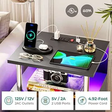 VIAGDO Black Nightstand Set of 2 with Charging Station and USB Ports, LED Night Stand with 2 Drawers, Modern End Side Tables with Open Storage, Bedside Tables for Bedroom, Office