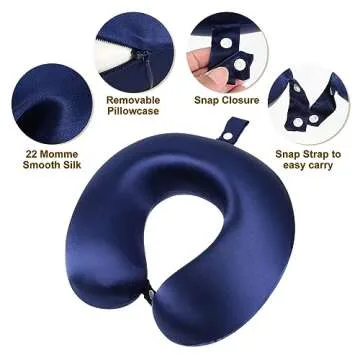 PATIKIL Silk Travel Pillow for Airplane, 22 Momme Real Silk Cover 100% Memory Foam Filled Travel Neck Pillow Sleeping Anti Wrinkle Pillow Head Neck Support for Plane Train, Navy Blue