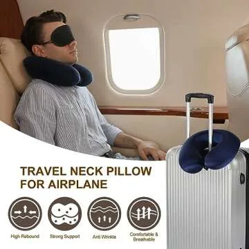 PATIKIL Silk Travel Pillow for Airplane, 22 Momme Real Silk Cover 100% Memory Foam Filled Travel Neck Pillow Sleeping Anti Wrinkle Pillow Head Neck Support for Plane Train, Navy Blue