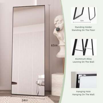 Beauty4U 65" x 24" Full Length Mirror with Stand, Black Wall Mounting Full Body Mirror, Metal Frame ...