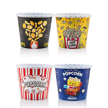 Modern Style Reusable Plastic Popcorn Containers - Dishwasher Safe & Fun Design for Movie Nights - 4...