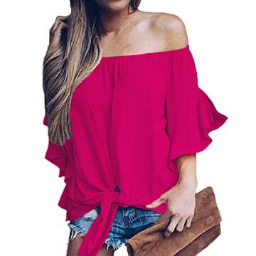 LuckyMore Womens Tops Off The Shoulder Tie Front Dressy Summer Blouses Trendy Hot Pink S