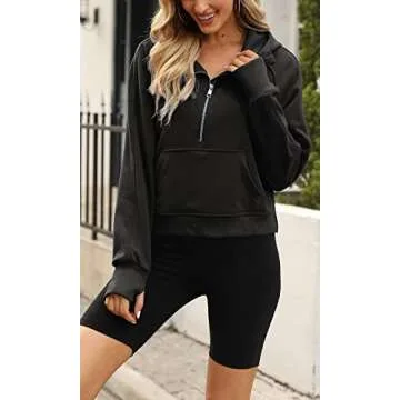 Womens Hooded Pullover Sweatshirts Half Zipper Crop Hoodie Fleece Lined Collar Zip Up Hoodies Cropped Long Sleeve Tops