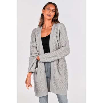 PRETTYGARDEN Women's Fall Open Front Chunky Cardigans Casual Long Sleeve Cable Knit Sweater Coat Outerwear (Light Grey,Medium)