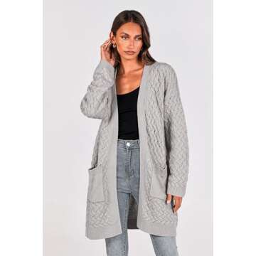 PRETTYGARDEN Women's Fall Open Front Chunky Cardigans Casual Long Sleeve Cable Knit Sweater Coat Outerwear (Light Grey,Medium)