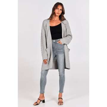 PRETTYGARDEN Women's Fall Open Front Chunky Cardigans Casual Long Sleeve Cable Knit Sweater Coat Outerwear (Light Grey,Medium)