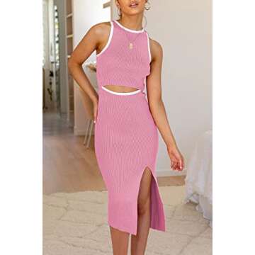 PRETTYGARDEN Women's Summer Midi Bodycon Dresses Casual Crew Neck Side Slit Sleeveless Knit Cut Out Tank Top Dress (Z-Pink,Small)