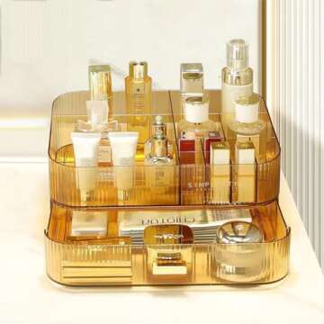 MIUOPUR Makeup Organizer with Stackable Drawers, Bathroom Vanity Organizers and Storage, Ideal for Desk and Dresser Countertops, Great for Cosmetics, skincare, Lipsticks, Nail Care -Amber
