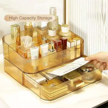 MIUOPUR Makeup Organizer with Stackable Drawers, Bathroom Vanity Organizers and Storage, Ideal for Desk and Dresser Countertops, Great for Cosmetics, skincare, Lipsticks, Nail Care -Amber