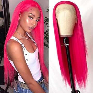 QD-Tizer Hot Pink Lace Front Wigs Long Straight Hair Rose Red Color Glueless Heat Resistant Synthetic Lace Wigs for Fashion Women 24 inch
