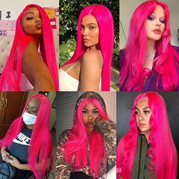 QD-Tizer Hot Pink Lace Front Wigs Long Straight Hair Rose Red Color Glueless Heat Resistant Synthetic Lace Wigs for Fashion Women 24 inch