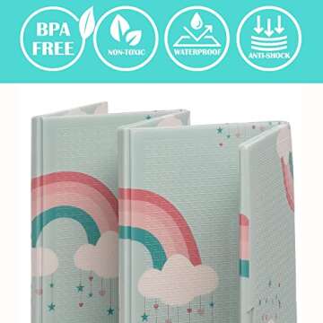 JumpOff Jo Baby Play Mat - Large Folding Foam Play Mat for Infants, Babies, Toddlers, Waterproof, Double-Sided (70" x 59") - Woodland Rainbow