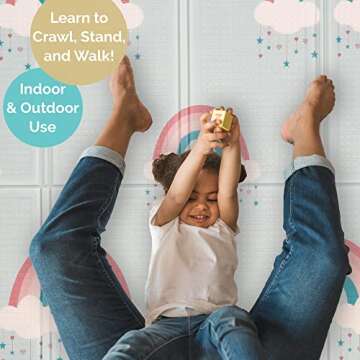 JumpOff Jo Baby Play Mat - Large Folding Foam Play Mat for Infants, Babies, Toddlers, Waterproof, Double-Sided (70" x 59") - Woodland Rainbow