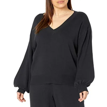 The Drop Women's Mia Bell Sleeve Deep V Neck Supersoft Sweater Black, M