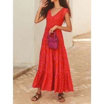 MASCOMODA Womens Long Summer Maxi Dresses Causal V Neck Short Sleeve Smocked Floral Dress Tiered Bea...