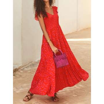 MASCOMODA Womens Long Summer Maxi Dresses Causal V Neck Short Sleeve Smocked Floral Dress Tiered Beach Party Sundress(Floral Red,Medium)