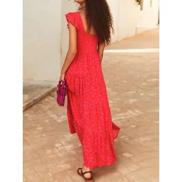 MASCOMODA Womens Long Summer Maxi Dresses Causal V Neck Short Sleeve Smocked Floral Dress Tiered Beach Party Sundress(Floral Red,Medium)