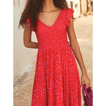 MASCOMODA Womens Long Summer Maxi Dresses Causal V Neck Short Sleeve Smocked Floral Dress Tiered Beach Party Sundress(Floral Red,Medium)