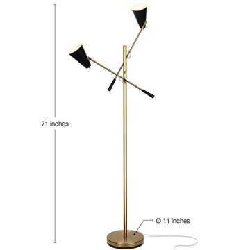 Brightech Ella Mid Century LED Floor Lamp with 2 Adjustable Arms and 2 Energy Efficient 9.5 Watt Light Bulbs, Gold/Black
