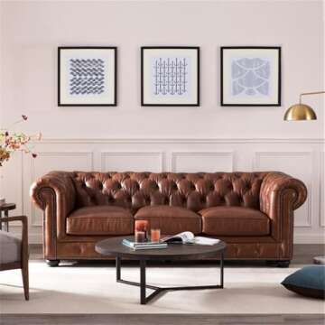 BOWERY HILL 95" W Traditional Leather Tufted Back Chesterfield Sofa with Removable Seat Cushions, Le...