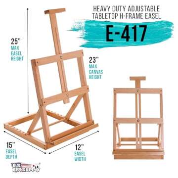 U.S. Art Supply Venice Heavy Duty Tabletop Wooden H-Frame Studio Easel - Artists Adjustable Beechwoo...