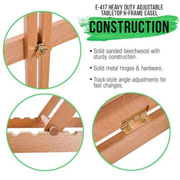 U.S. Art Supply Venice Heavy Duty Tabletop Wooden H-Frame Studio Easel - Artists Adjustable Beechwood Painting and Display Easel, Holds Up to 23" Canvas, Portable Sturdy Table Desktop Holder Stand