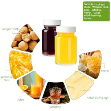 BPFY 12 Pack 2 oz Reusable Small Glass Bottles with Lids, Wellness Shots Bottles for Juicing, Ginger, Mini Glass Jars with Caps, Label, Pen