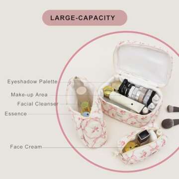 kingkiss 3PCS Quilted Floral Makeup Bag Set - Travel Organizer for Women & Girls (Pink)