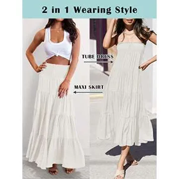 HAEOF Women's Summer Elastic High Waist Boho Maxi Skirt Casual Drawstring A Line Long Skirt White Small