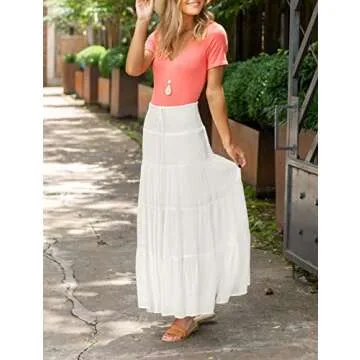 HAEOF Women's Summer Elastic High Waist Boho Maxi Skirt Casual Drawstring A Line Long Skirt White Small