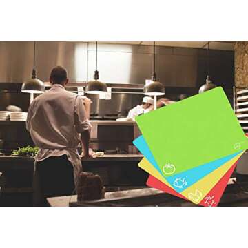 Extra Thick - Extra LARGE + BONUS - Flexible Plastic Cutting Board Mats for kitchen - set of 4 - waffle back - Color coded with food icons + BONUS 2 silicon coffee coasters by La Pomelo