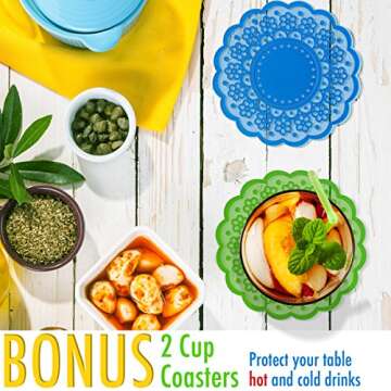 Extra Thick - Extra LARGE + BONUS - Flexible Plastic Cutting Board Mats for kitchen - set of 4 - waffle back - Color coded with food icons + BONUS 2 silicon coffee coasters by La Pomelo