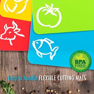 Extra Thick - Extra LARGE + BONUS - Flexible Plastic Cutting Board Mats for kitchen - set of 4 - waffle back - Color coded with food icons + BONUS 2 silicon coffee coasters by La Pomelo