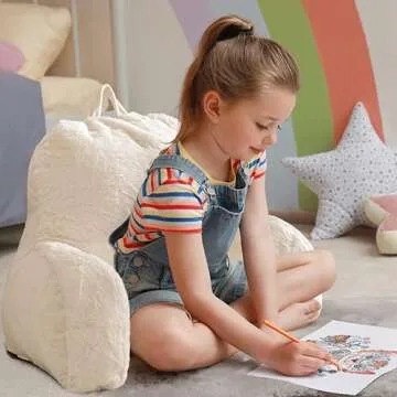 NTBED Reading Pillow Faux Fur Bed Wedge Backrest with Arms,Couch TV Relax Bed Rest Pillow Back Support Cushion for Kids Teens Boys Girls(Ivory)